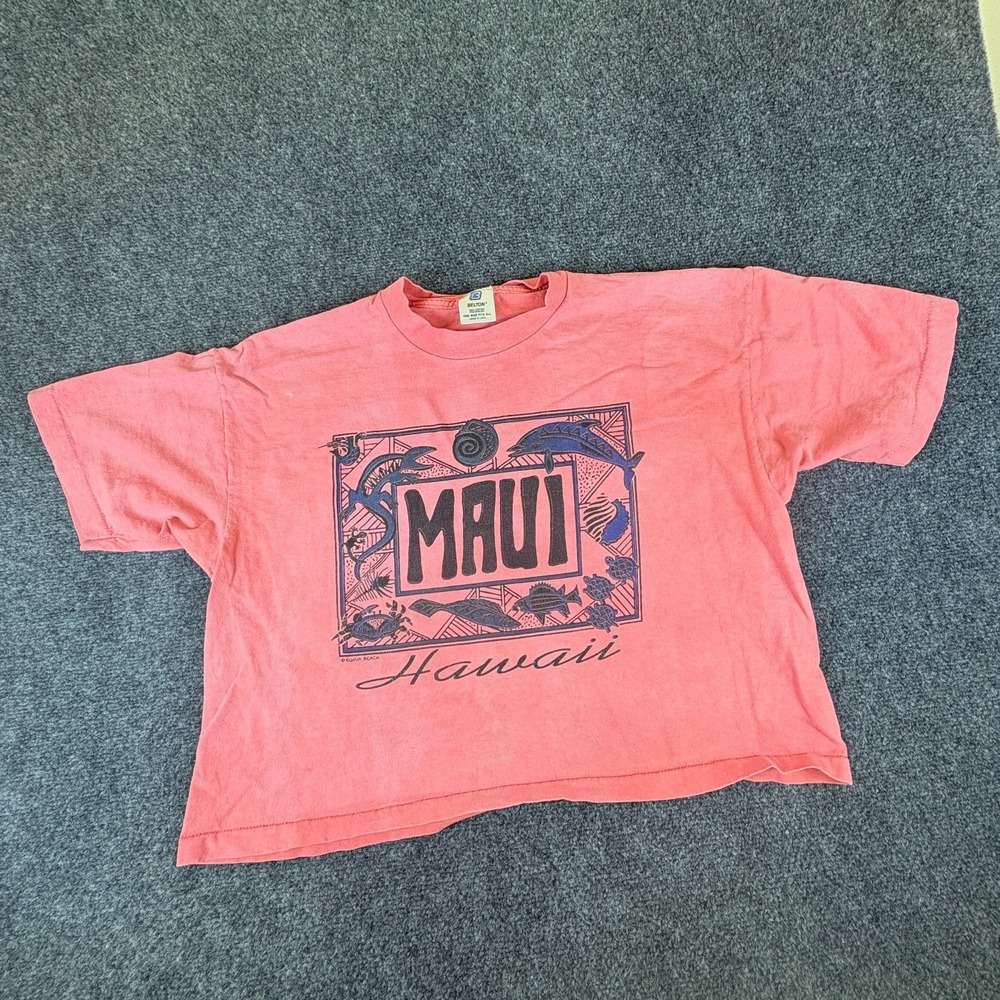 VTG Belton Maui Hawaii Cropped T-Shirt Women One Size Salmon Pink Graphic Cotton